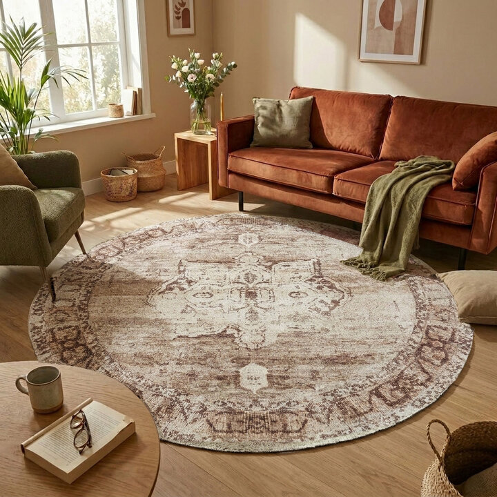 Rond vintage vloerkleed - Kyra Medaillon Bruin | Duurzaam design