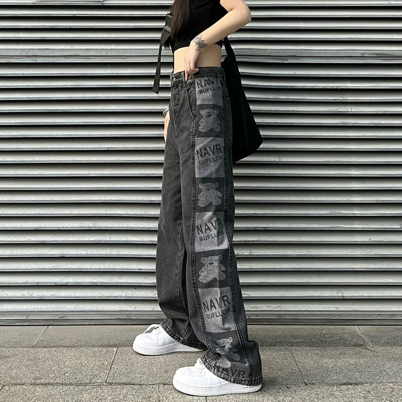 LINSI - Baggy jeans met hoge taille en grafische print