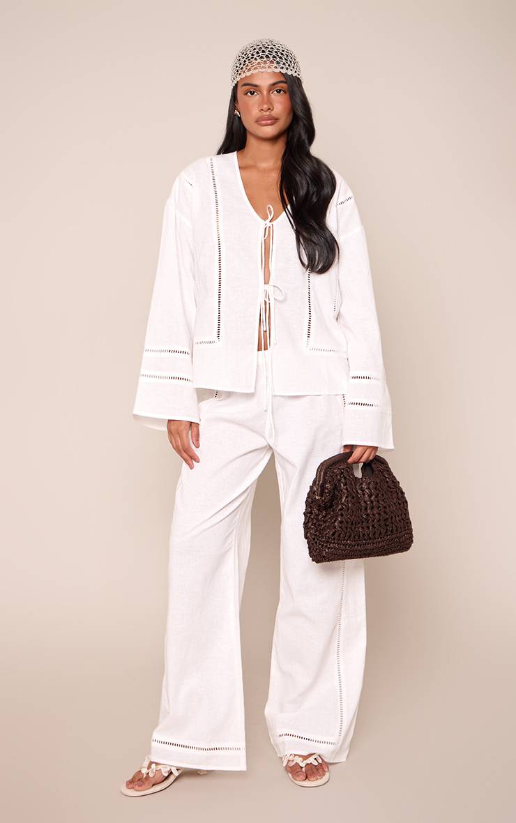 Blanc Ensemble Coordonné Pantalon En Lin Avec Détails Ajourés