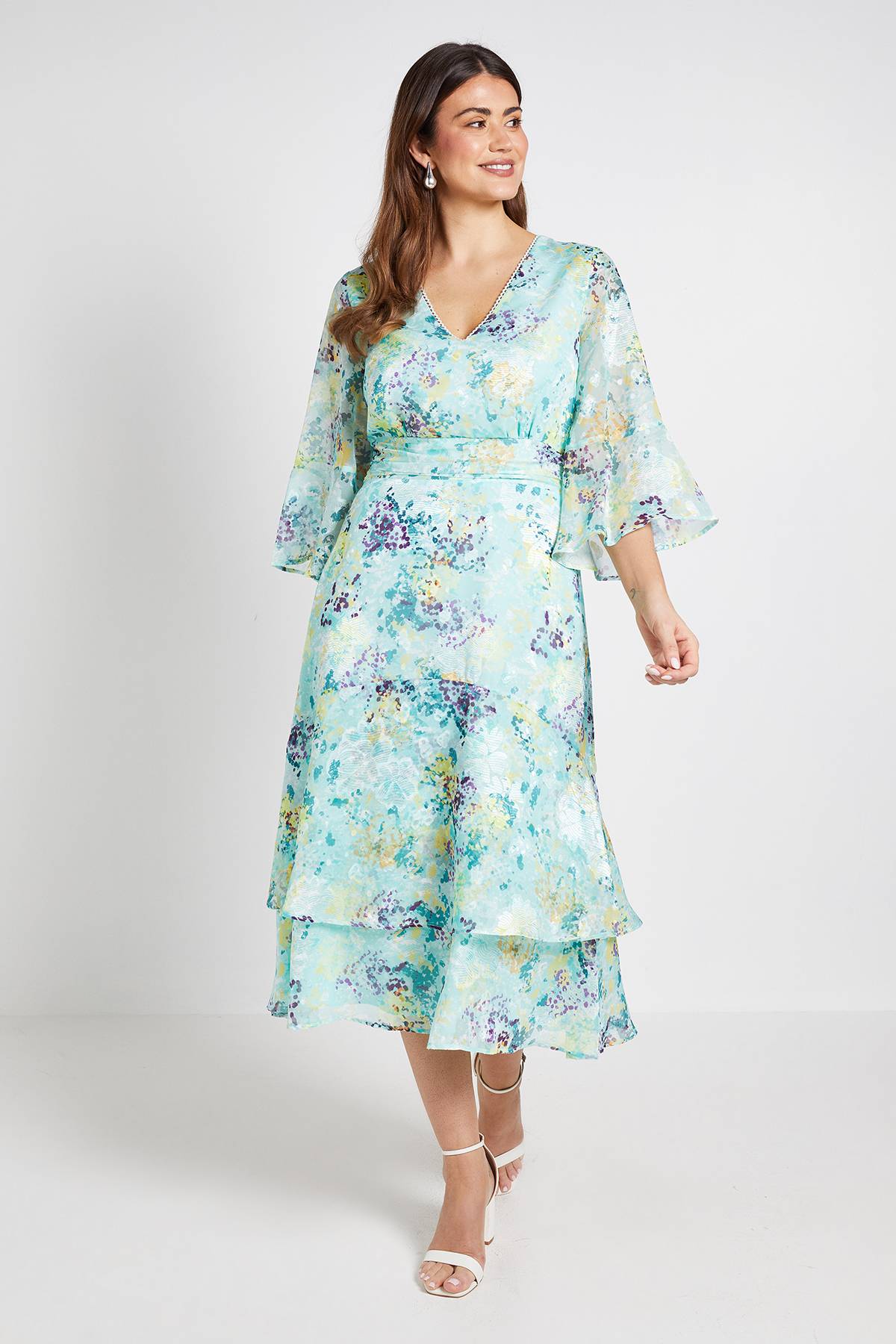 Wallis Robe Midi À Manches Évasées Avec Motif Floral Dévoré