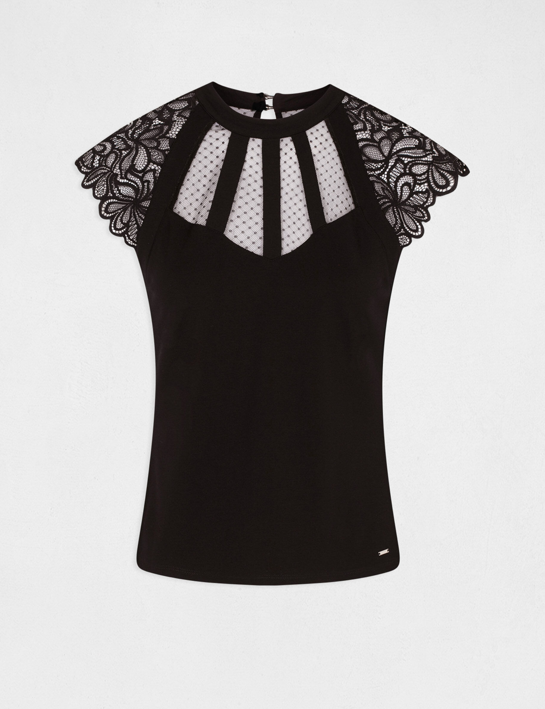 T-shirt manches courtes à dentelle noir femme - noir