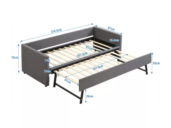 Lit gigogne 2x90x200cm en Lin gris - lit simple - avec pieds en métal pliables