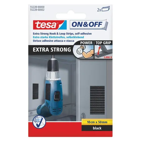 tesa On & Off Extra Stark Klettstreifen, schwarz