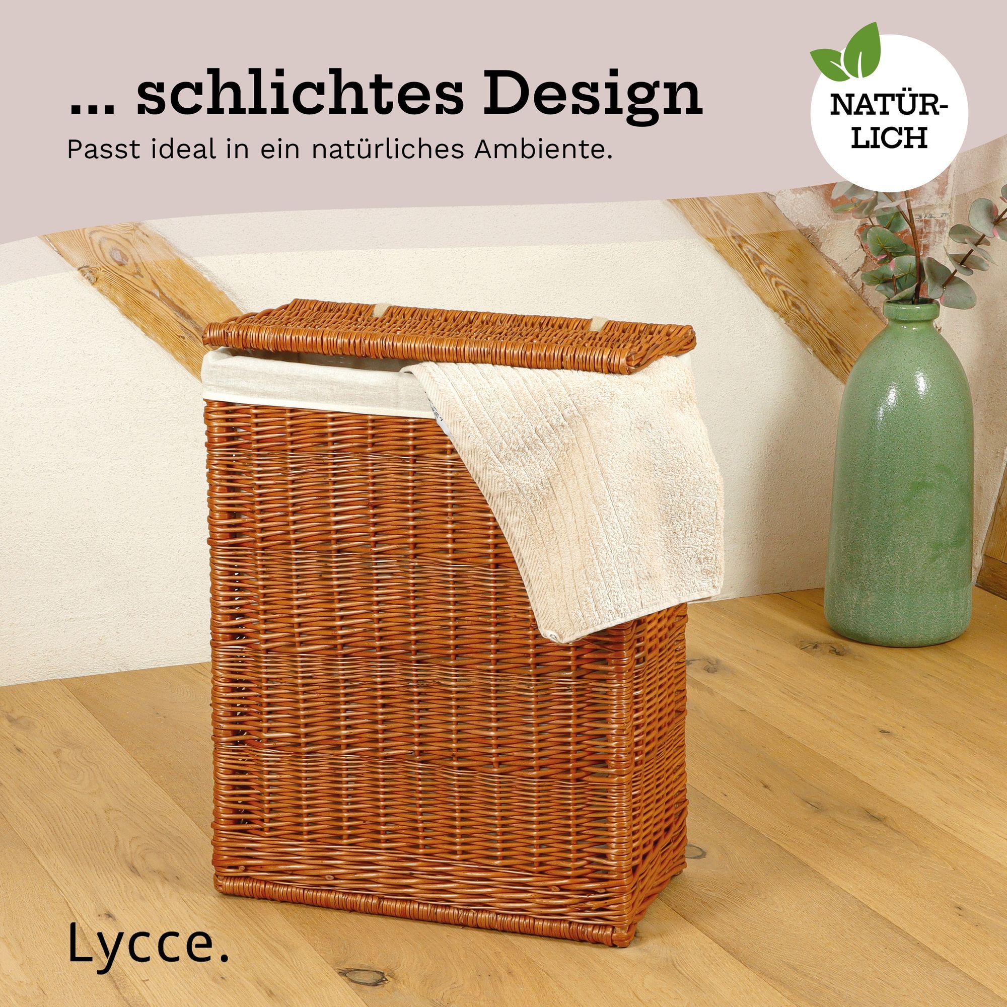Lycce Nischenwäschekorb 60L mit Deckel, aus Weide geflochten