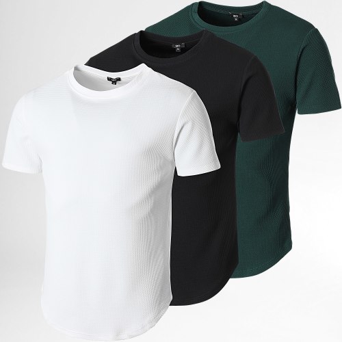 Lot De 3 Tee Shirt Texturé Waffle 0430 Noir Vert Bouteille Blanc