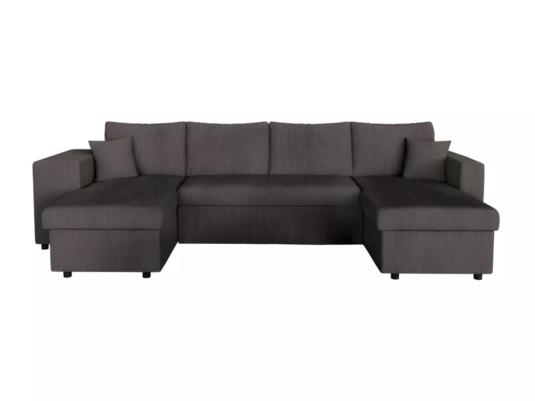 Canapé panoramique Oslo convertible avec 2 coffres, 2 poufs à gauche en velours côtelé Gris anthracite - L311 x P146 x H81cm - Loungitude