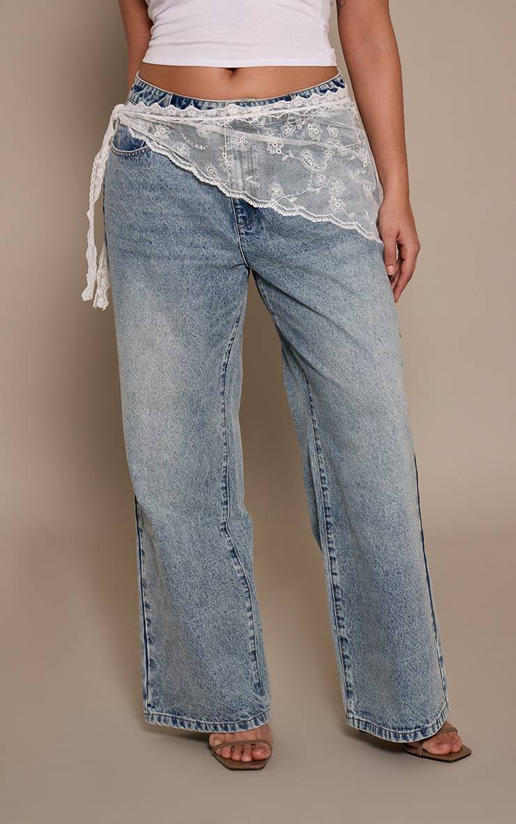 Mid Blue Wash Jean Large À Détail De Panneau Broderie Anglaise Grande Taille