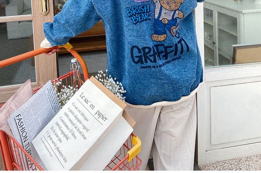 SeoulPop - Losse denim pullover met lange mouwen en berenprint