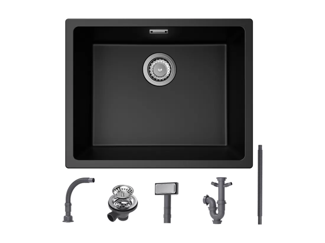 CECIPA MAX Evier 1 Bac en Quartz et Résine, Evier de Cuisine en Granit Noir Gris, Evier Quartz 3 Options de Montage, 55*44*20cm