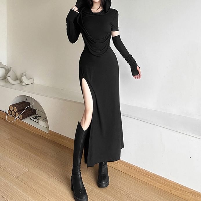 HERMITAKH - Set: Lange mouwen, capuchon, effen asymmetrische maxi-jurk met split + mouw