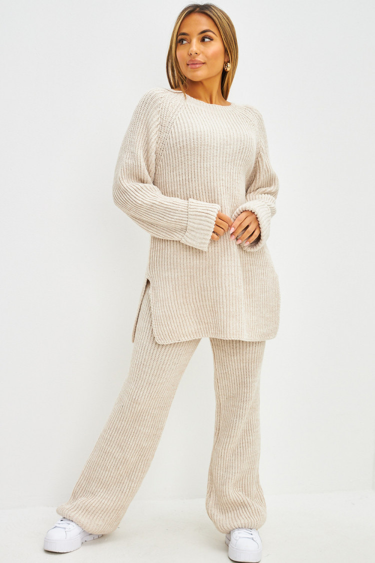Ensemble 2 pièces pull long + pantalon en grosses mailles beige