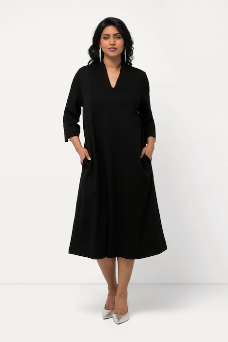 Midi-Puntokleid, Kelchkragen, V-Ausschnitt, 3/4-Arm