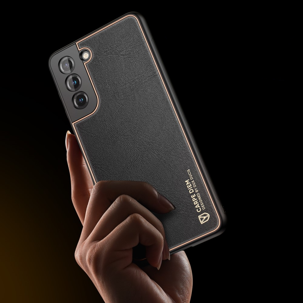 Samsung Galaxy S21 FE 5G Galvanisierte Hardcase Hülle mit Lederüberzug - Schwarz