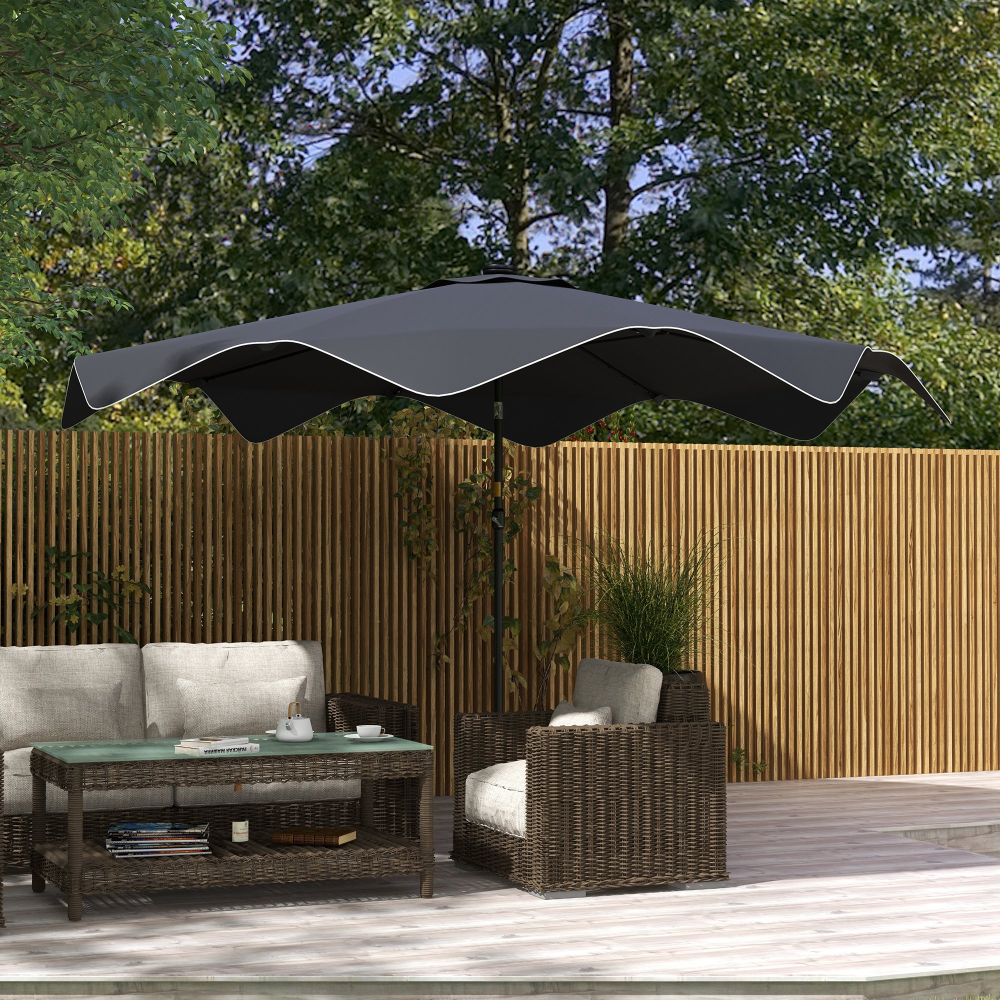 Guarda-sol de jardim Outsunny Ø292x248 cm, manual, para terraço, com 32 luzes LED solares, 8 varetas, impermeável e com grelha de ventilação para pátio e varanda, cinza escuro.