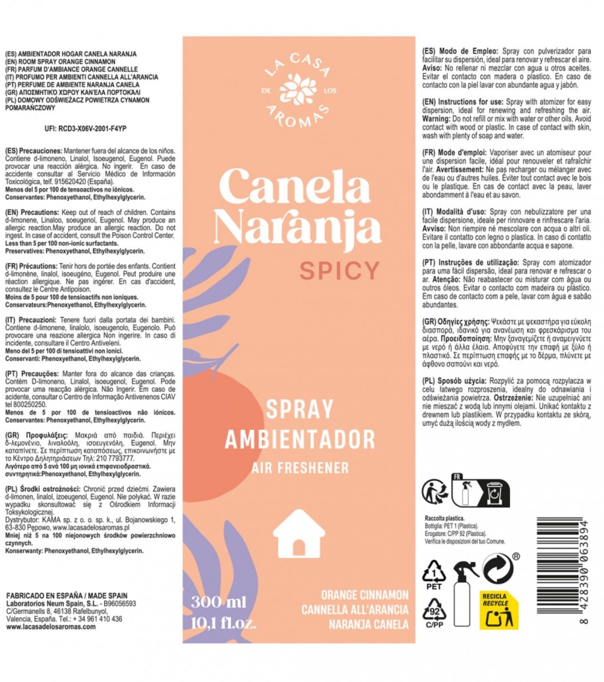 La Casa de los Aromas - Aromatizador de Ambientes em Spray - Canela Naranja
