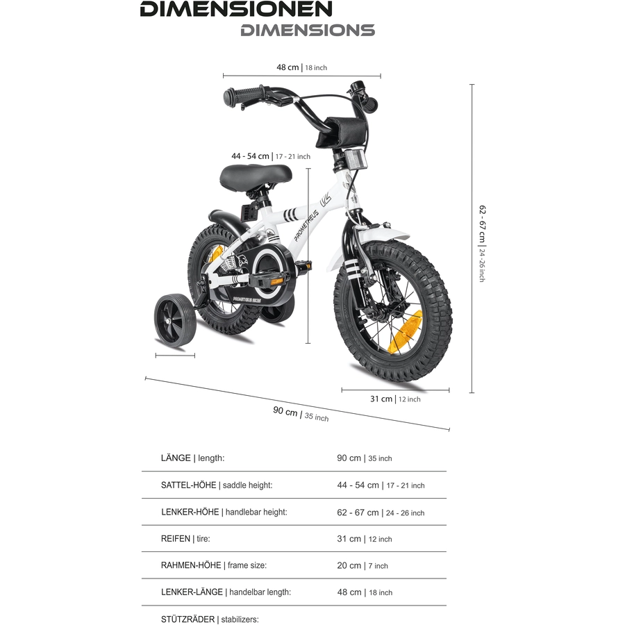 PROMETHEUS BICYCLES® Kinderfahrrad 12 in Weiß & Schwarz ab 3 Jahre mit Stützräder