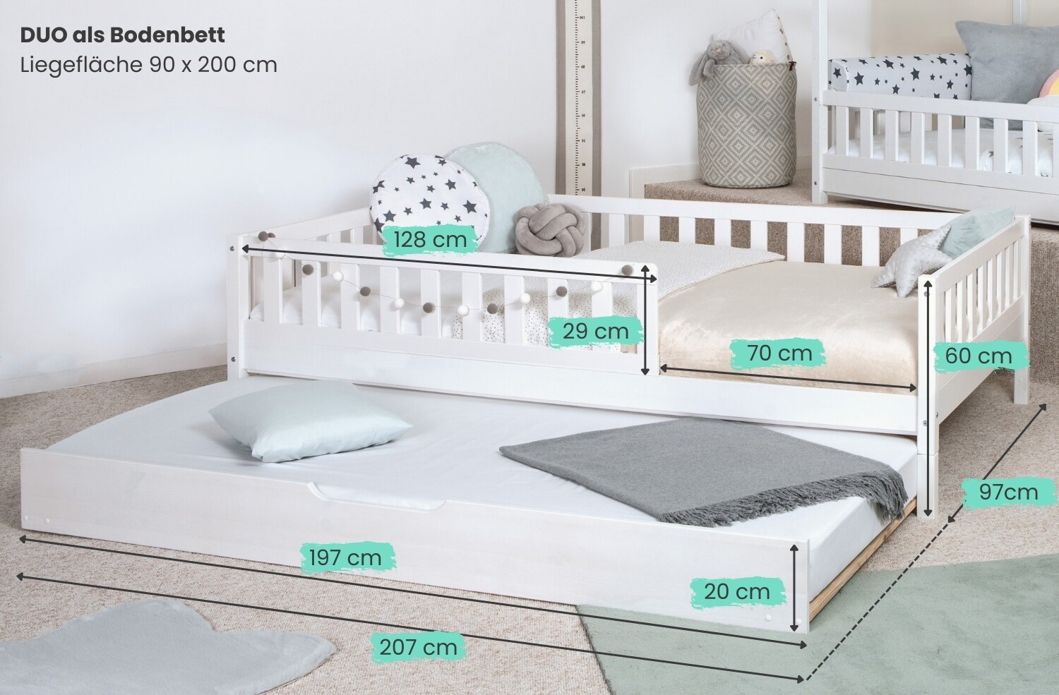 TiCAA 2 in 1 Hausbett Bodenbett wandelbar mit abnehmbaren Dach Duo 90x200, 100x200 cm, 120x200 cm, 140x200 Weiß für Jungen & Mädchen mit Zusatzbett, Rausfallschutz & Rolllattenrost – aus Kiefer Massivholz
