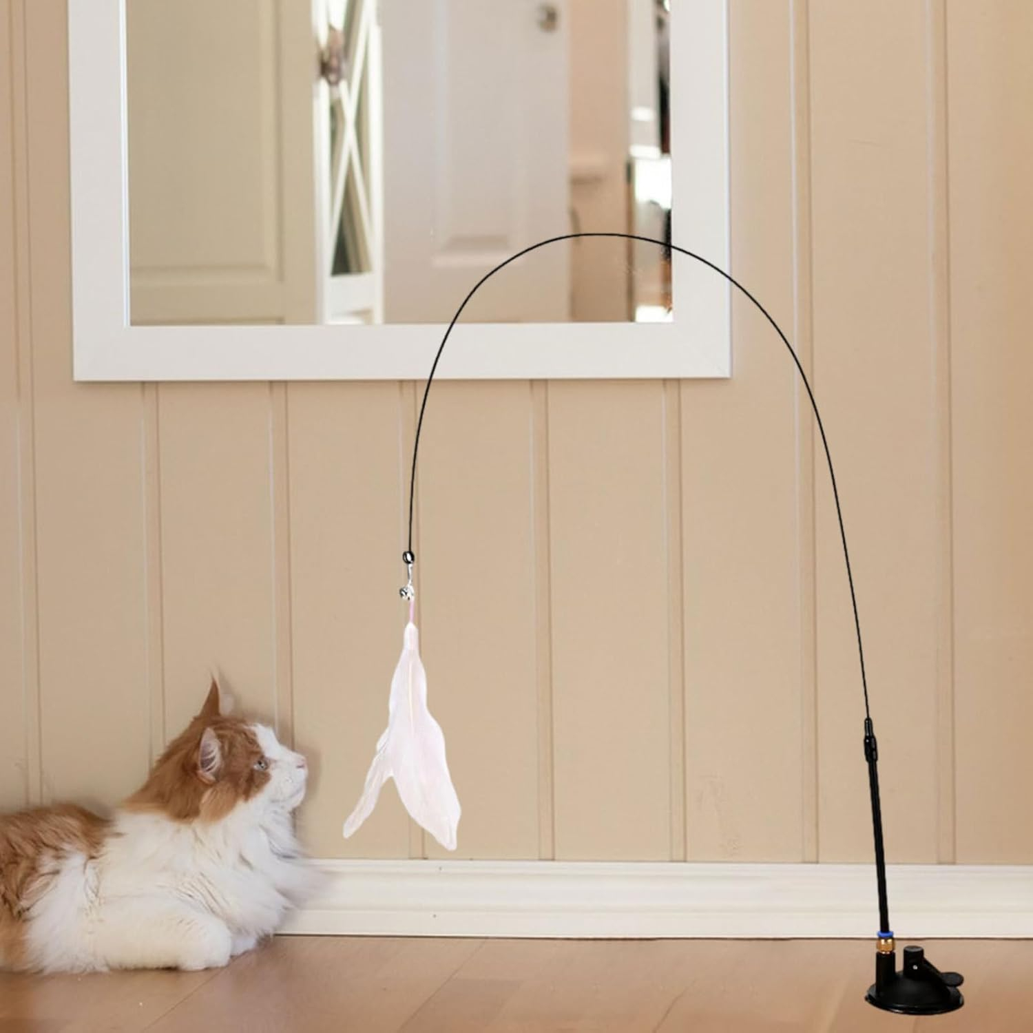 Interaktive Katzen Angel Haustier Spielzeug Feder mit Glocke / Saugnapf - Weiss