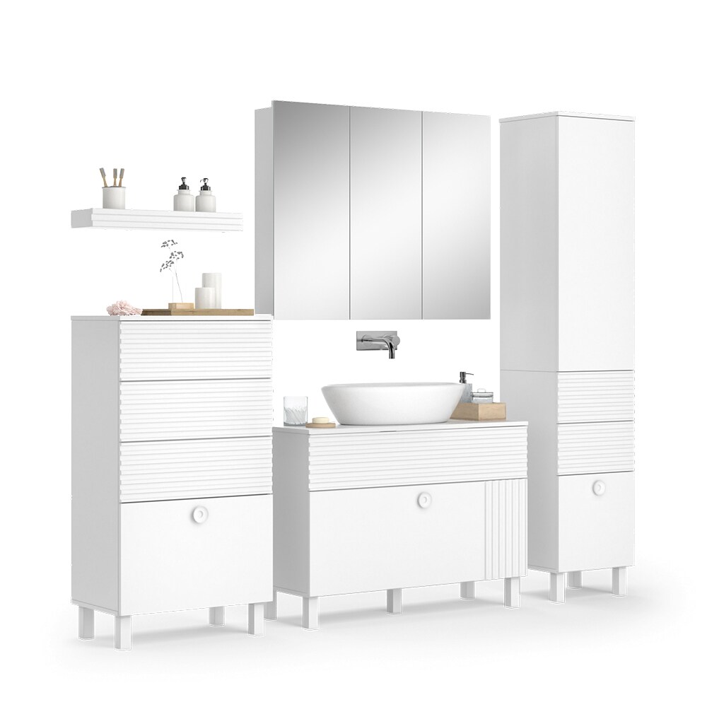 Vicco Badmöbel-Set Sola Weiß matt, moderne Serie, Badezimmer, dekorative Front Waschtischunterschrank Spiegelschrank Midischrank Hochschrank