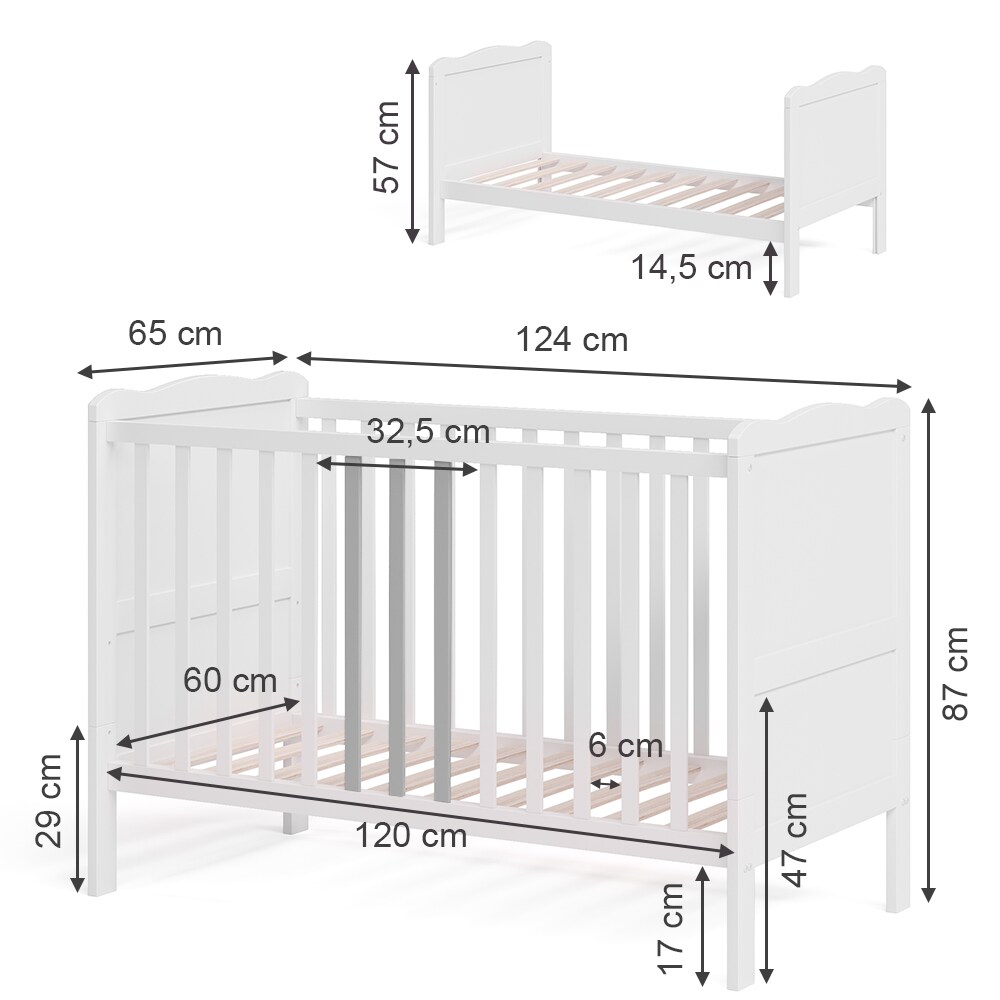 VitaliSpa Gitterbett Babybett Kinderbett Tobi Kombinationsbett umbaubar Weiß