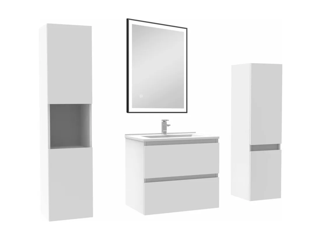 Meuble Salle de Bain 60cm avec colonne et miroir lumineux 3 couleurs blanc