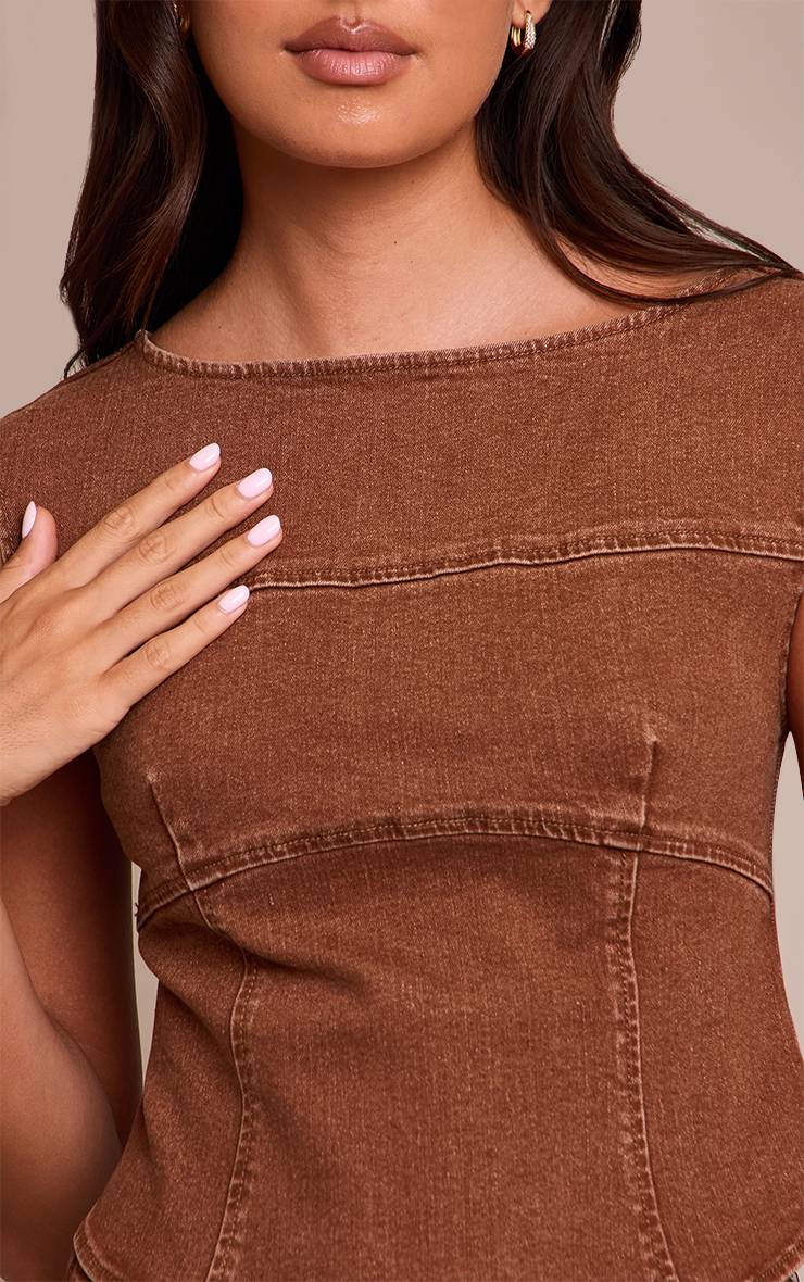 Marron Top Corset En Denim À Encolure Bateau