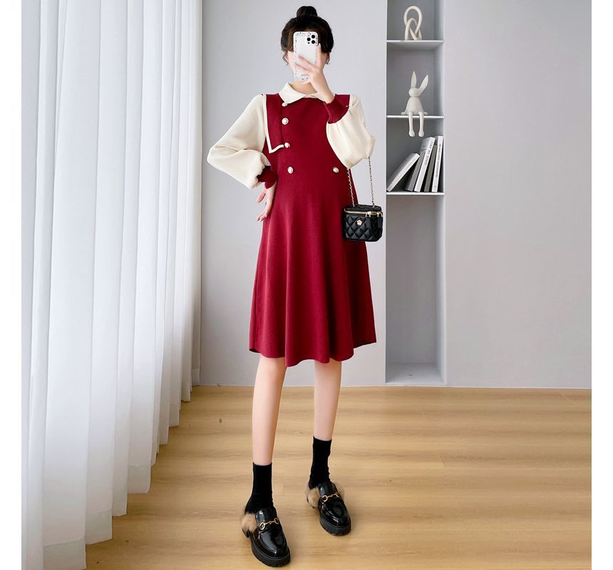 Levsayte - Zwangerschapskleding met hoge taille, effen cropped leggings / lange mouwen, kraag en tweekleurige truijurk / set