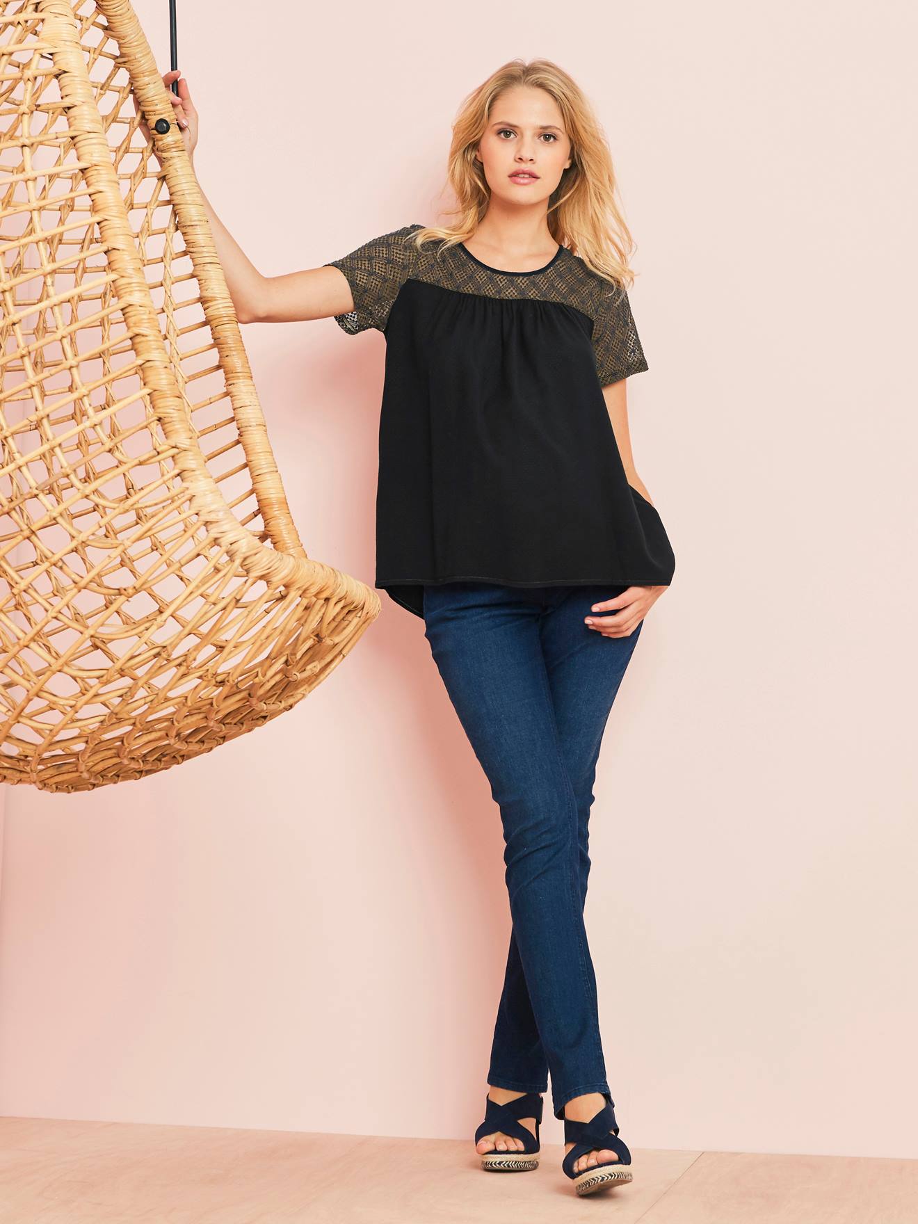 Calça jeans flare para gestante, comprimento da perna 85 cm, jeans natural