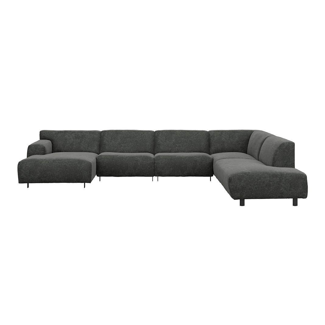 Vesta U-sofa Sjeselong venstre, 3-seter og åpen ende høyre. Big hjørnemodul, Tekstil Eros Antracit, sort metallben 10 cm, Comfort CM