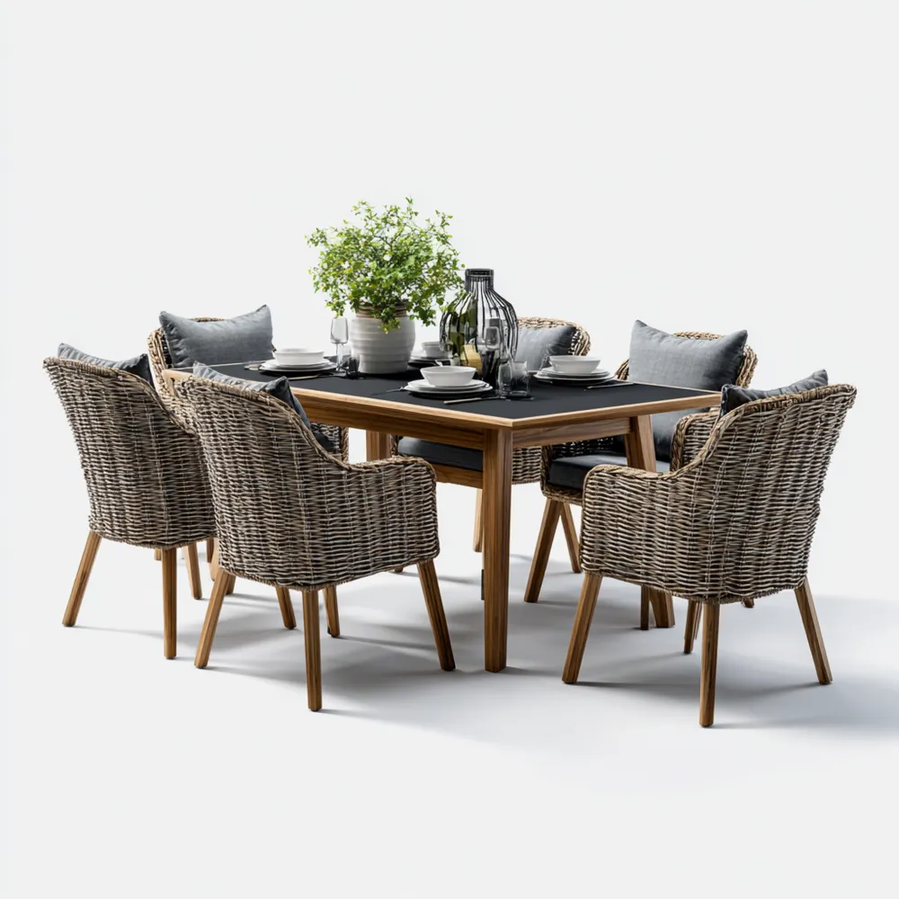 Garten-Esstisch-Set Holz Rattan 150x90x75 cm - Natur - Klassisches Des