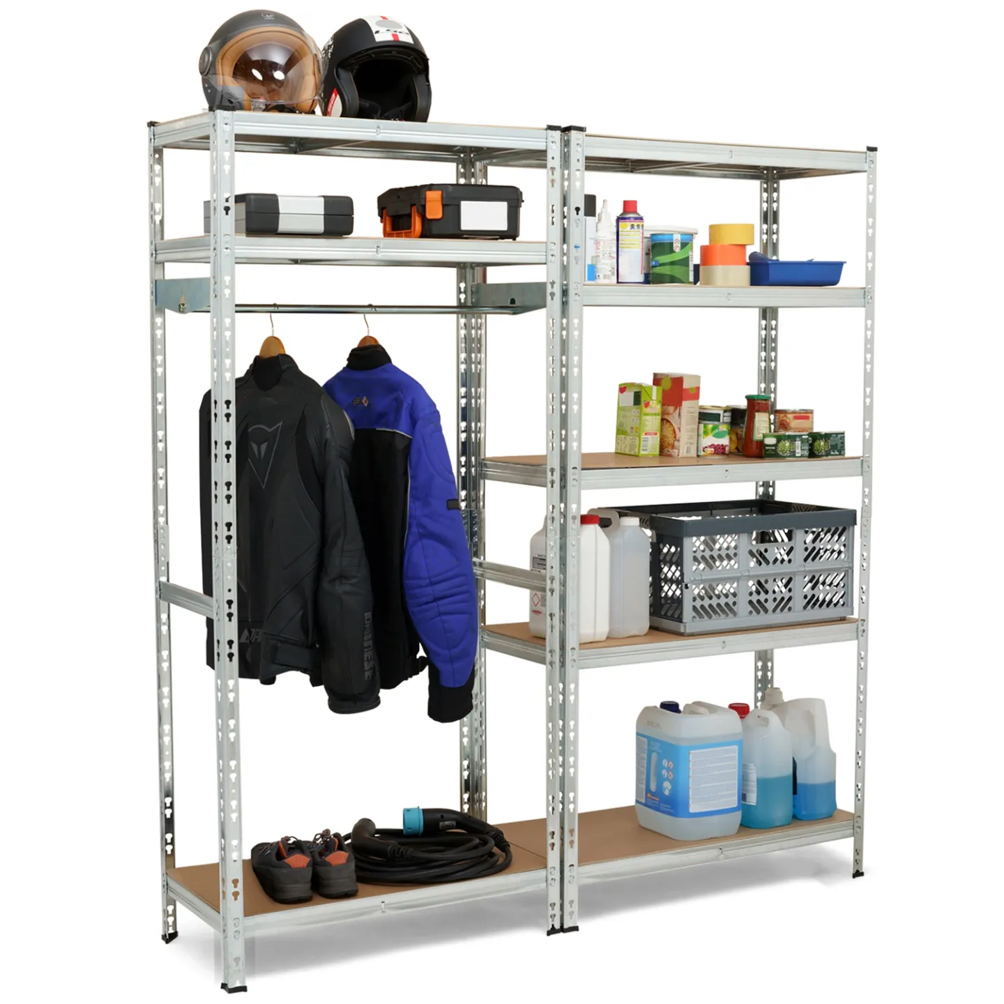 Lot de 2 étagères modulables charges lourdes en métal 8 plateaux avec vestiaire H.180 cm