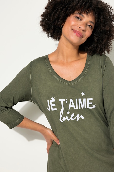 T-Shirt, cold dyed, Statement-Druck, V-Ausschnitt, 3/4-Arm