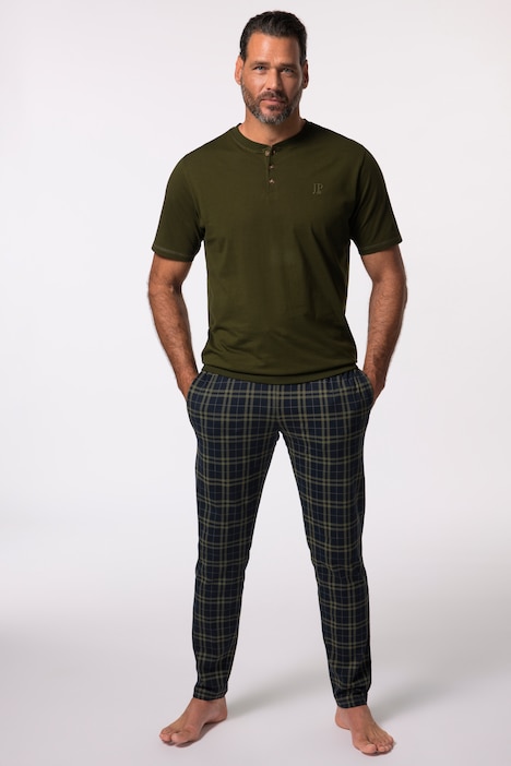 JP 1880 Schlafanzug, Bauchfit, Henley-Shirt, Halbarm, karierte Hose, bis 8 XL