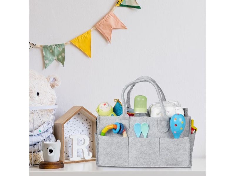 relaxdays Pflegekörbchen Windel Caddy Filz Grau Multifunktionaler Organizer für Kindersachen