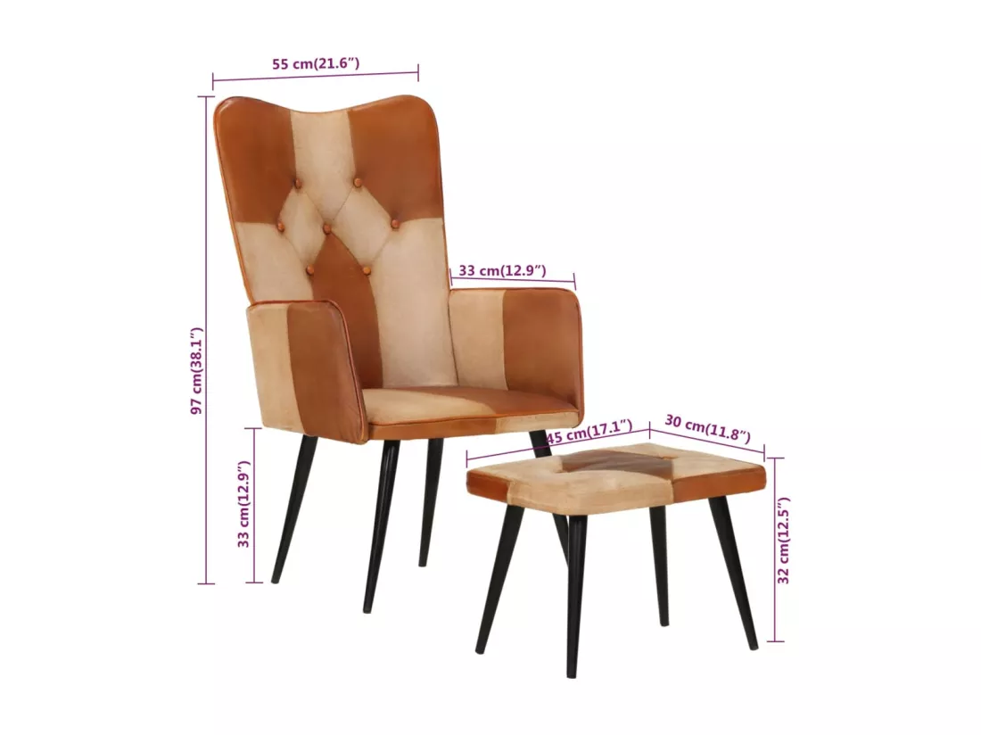 Fauteuil avec repose-pieds Marron Cuir véritable et toile