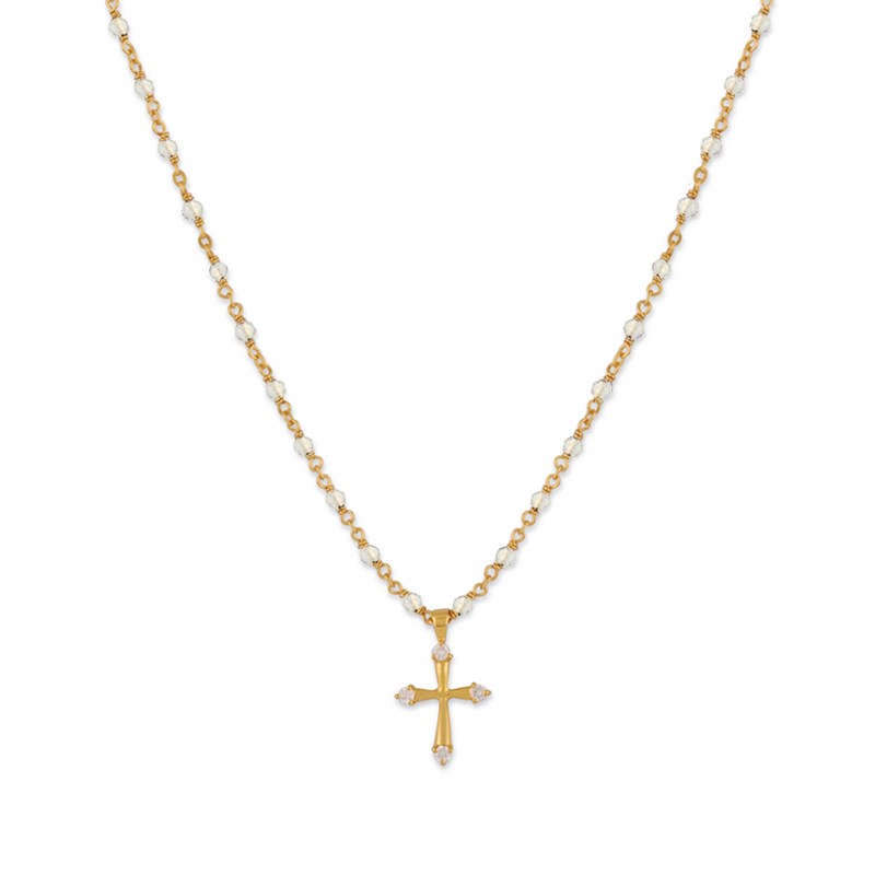 Collier Argent Doré Croix Et Pierres Naturelles Blanche