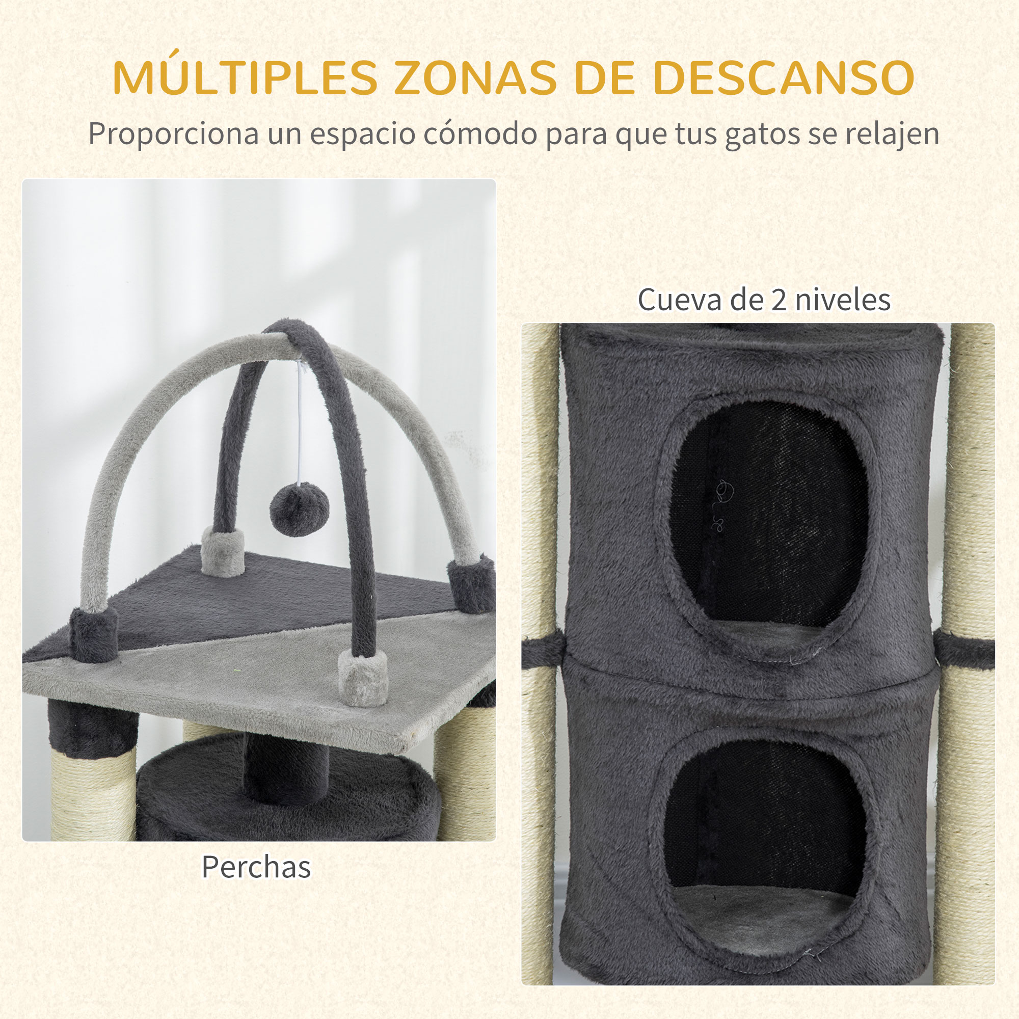 Árvore para Gatos PawHut, 114 cm de altura, 2 níveis, com plataforma para arranhar, postes de juta e bola pendurada, 39x39x114 cm, cinza
