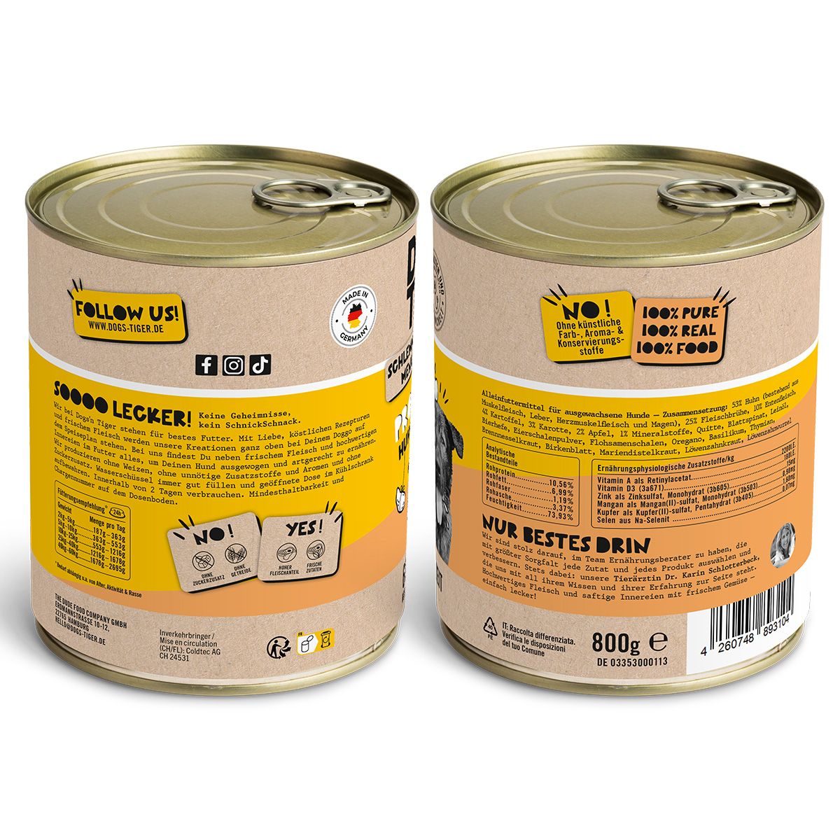 Dogs’n Tiger Adult Hundefutter, Proviant, Nassfutter, Getreidefrei, Huhn, Ente, Apfel & Kartoffel