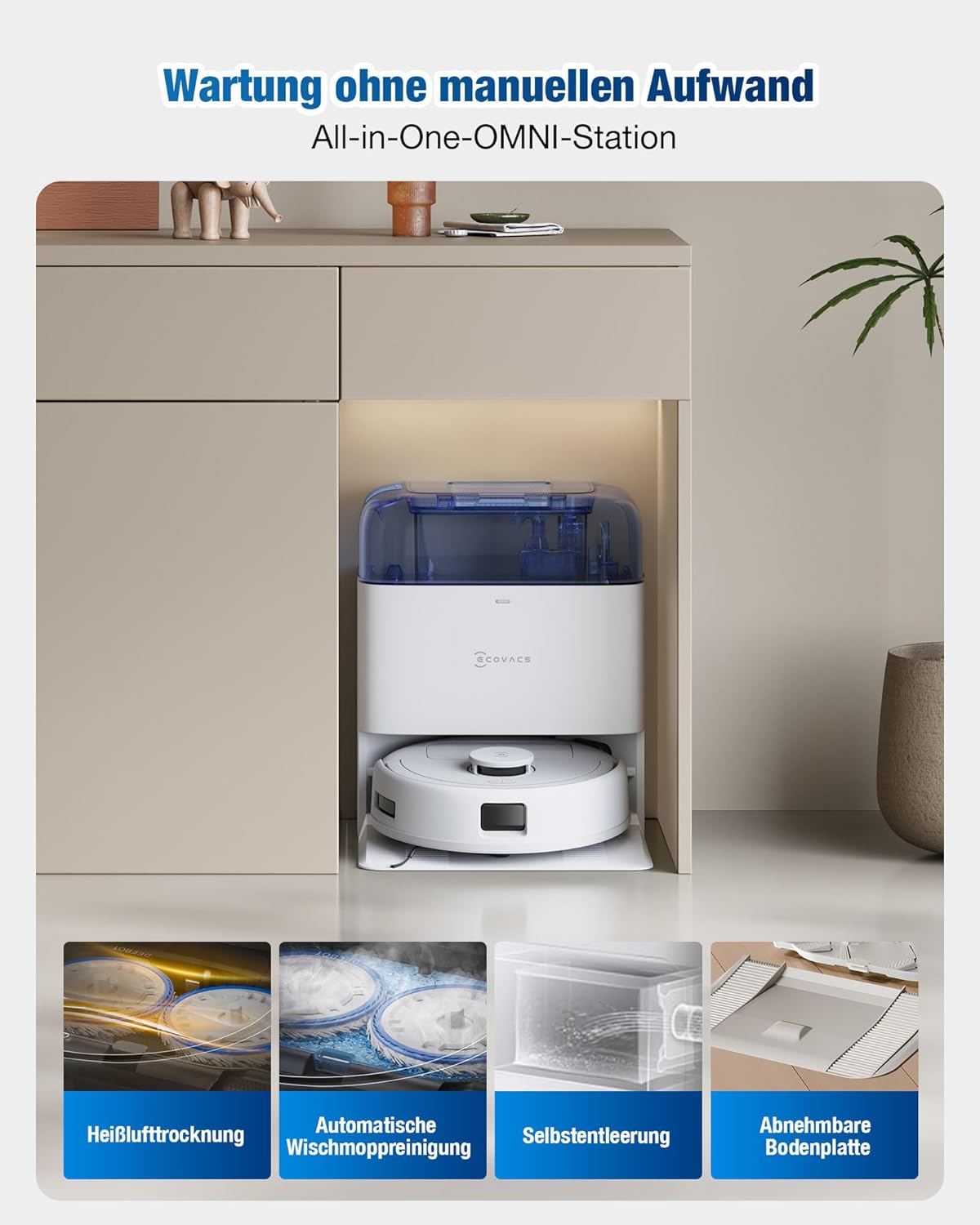ECOVACS DEEBOT MINI Saugroboter mit Wischfunktion, 9.000 Pa Saugkraft, ZeroTangle 2.0, TrueMapping 2.0, 45 ℃ Heißlufttrocknung, intelligente Tiefenreinigung, Selbstreinigung per Knopfdruck, Blau