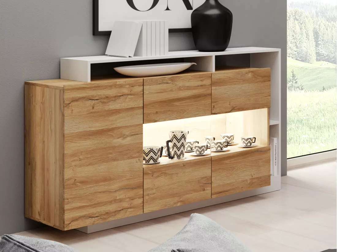 Buffet 3 portes et 3 niches avec LEDs - Coloris : Naturel et blanc - IDESIA