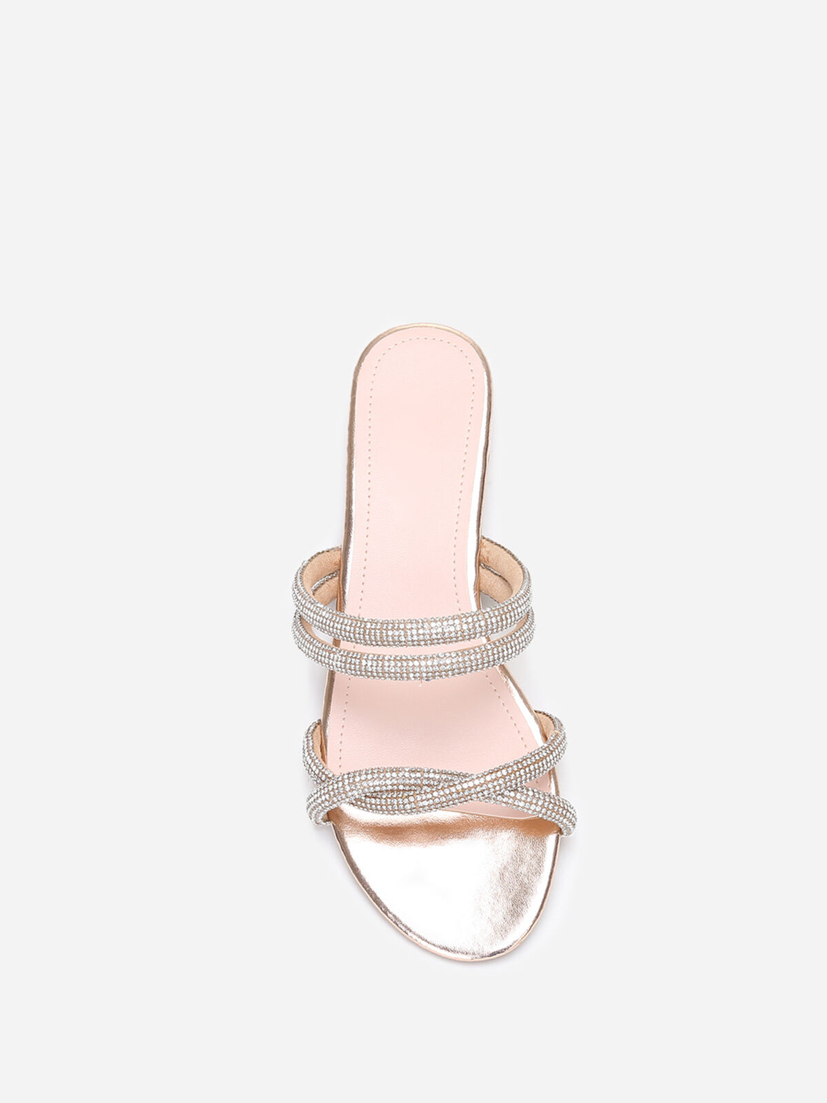 Mules plates à multi-brides en strass- Doré rose