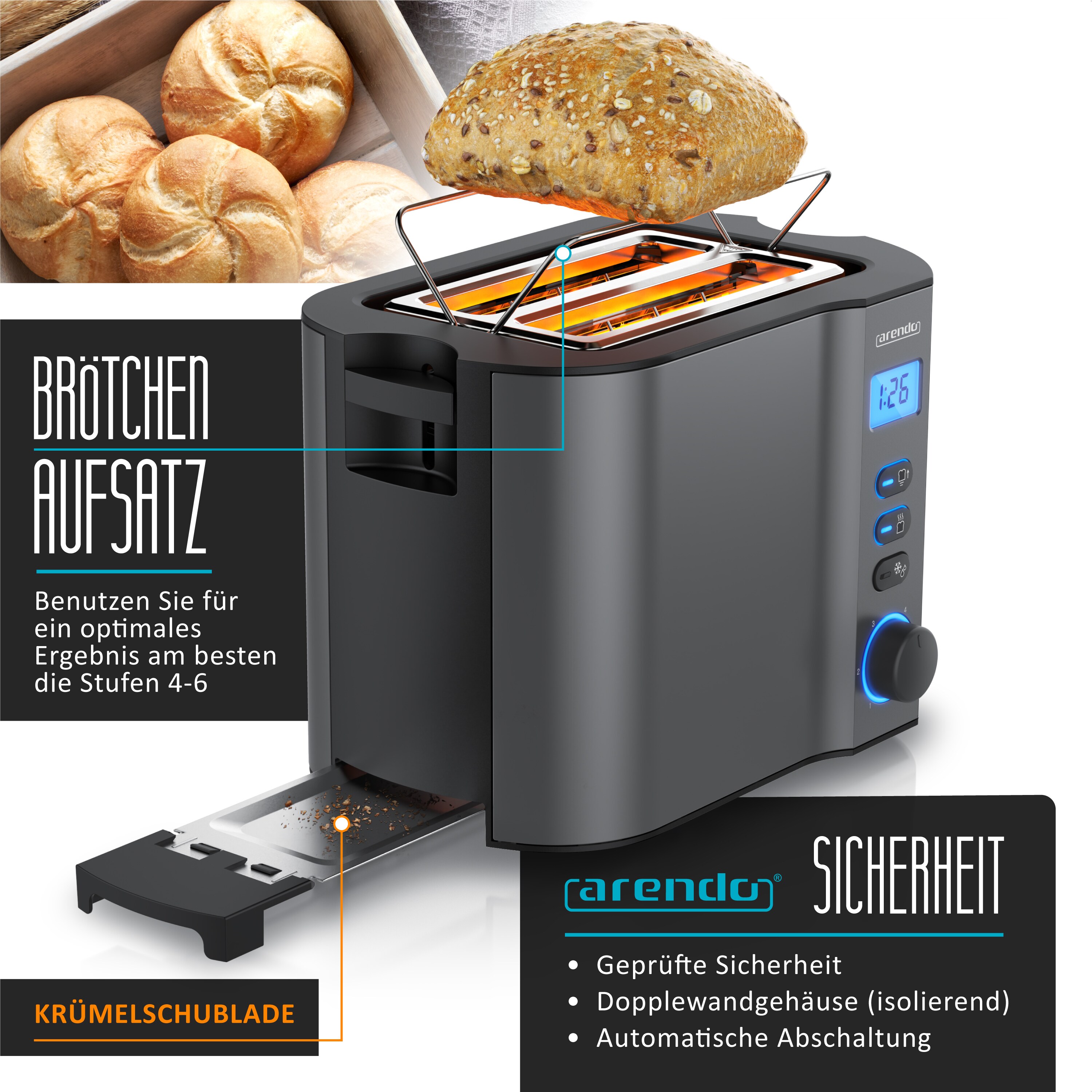 Arendo MANHA Toaster mit Restzeitanzeige, 2 Toastschlitze, integrierter Brötchenaufsatz, 6 Stufen, Auftaufunktion, 800W, Grau
