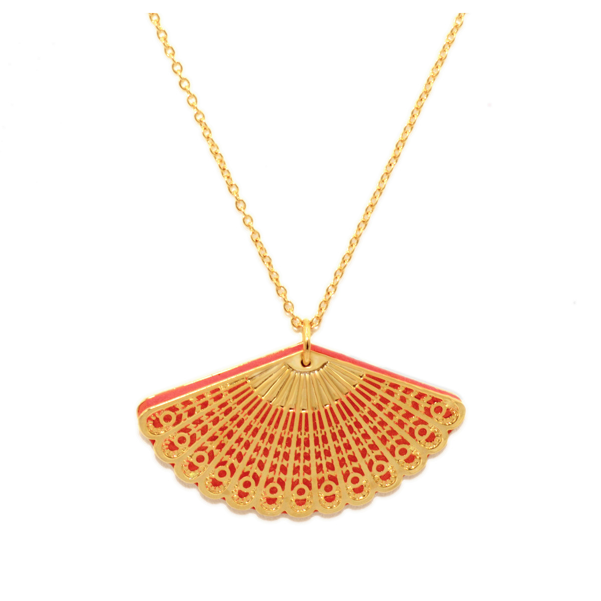 Collier avec  pendentif éventail coloré -doré à l 'or fin