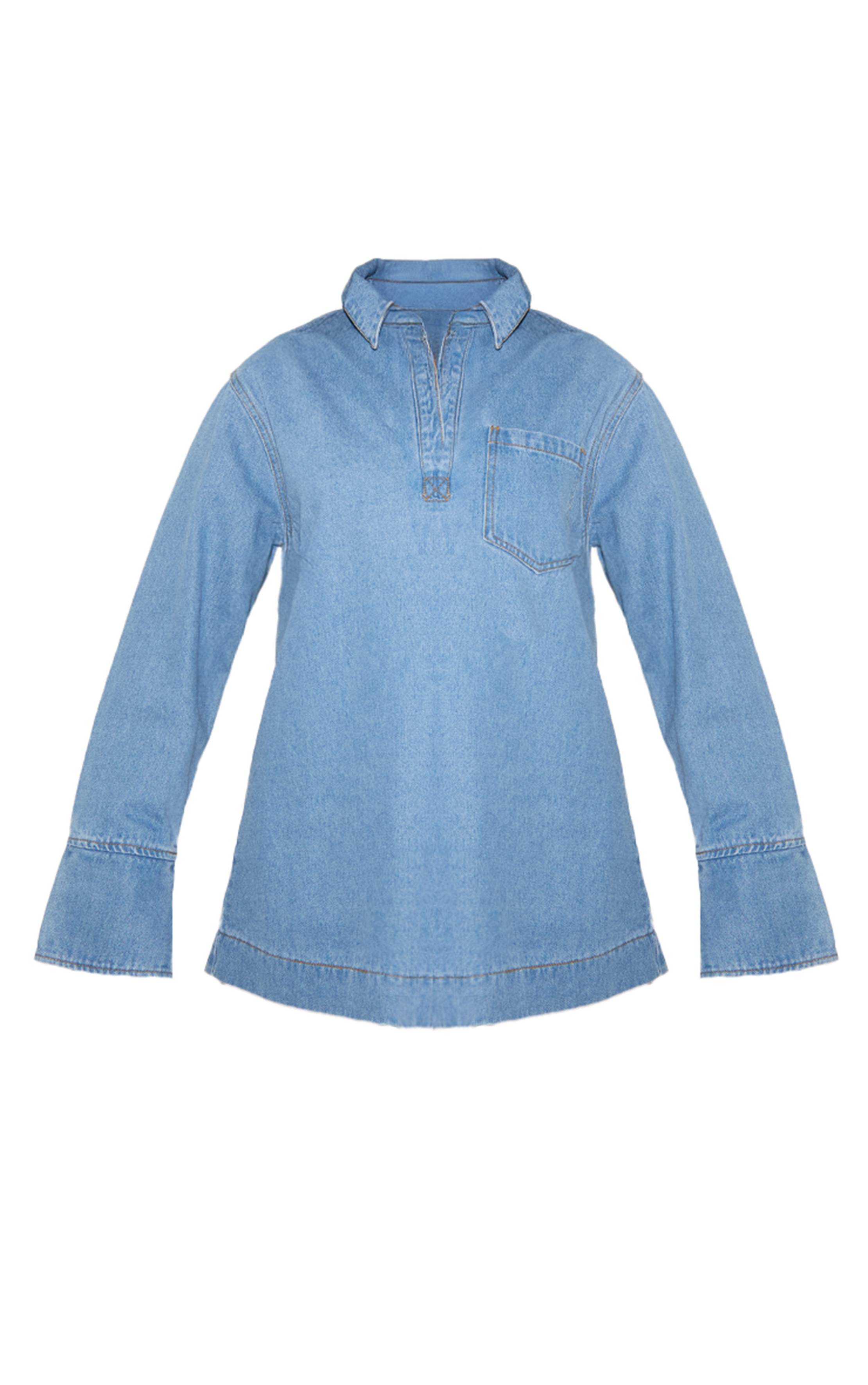 Mid Blue Wash Chemise En Denim Oversize Style Rugby