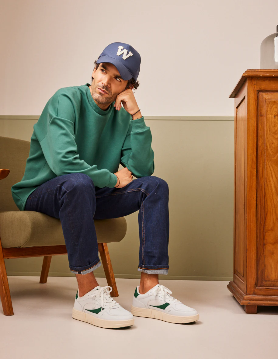 Baskets basses Aimé - Cuir recyclé et suède vegan blanc vert forêt