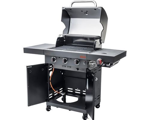 Char-Broil Professional Power Edition gasbarbecue met 3 branders, matzwart, inclusief opbergplank, dekselthermometer, geëmailleerde gietijzeren planchaplaat, vetopvangbak, grillrooster, uitklapbare zijtafel, zijplank, warmhoudrek.