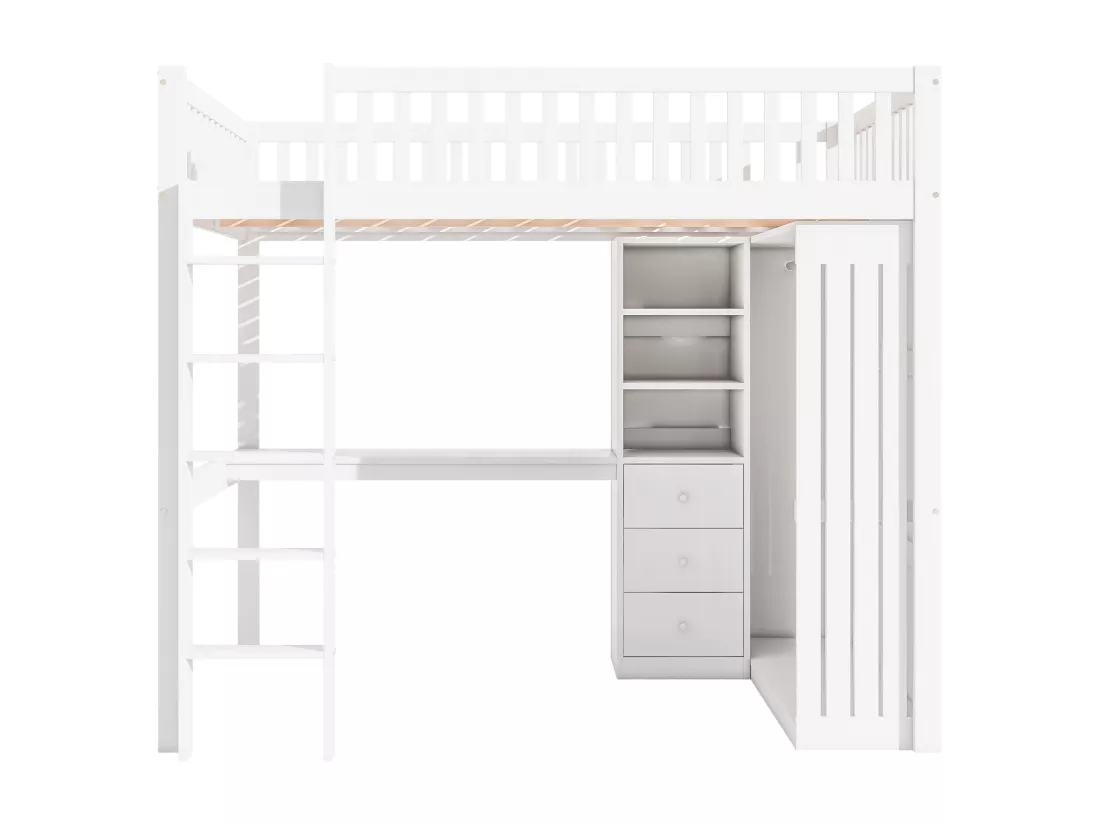 Lit mezzanine 140x200 cm en bois - avec bureau & penderie - Blanc