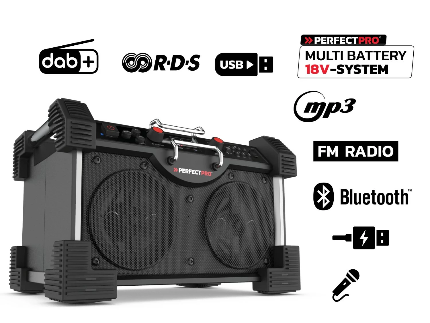 PerfectPro ROCKHART RH4 18V multi battery Bouwradio - FM RDS - DAB  - Bluetooth - AUX In