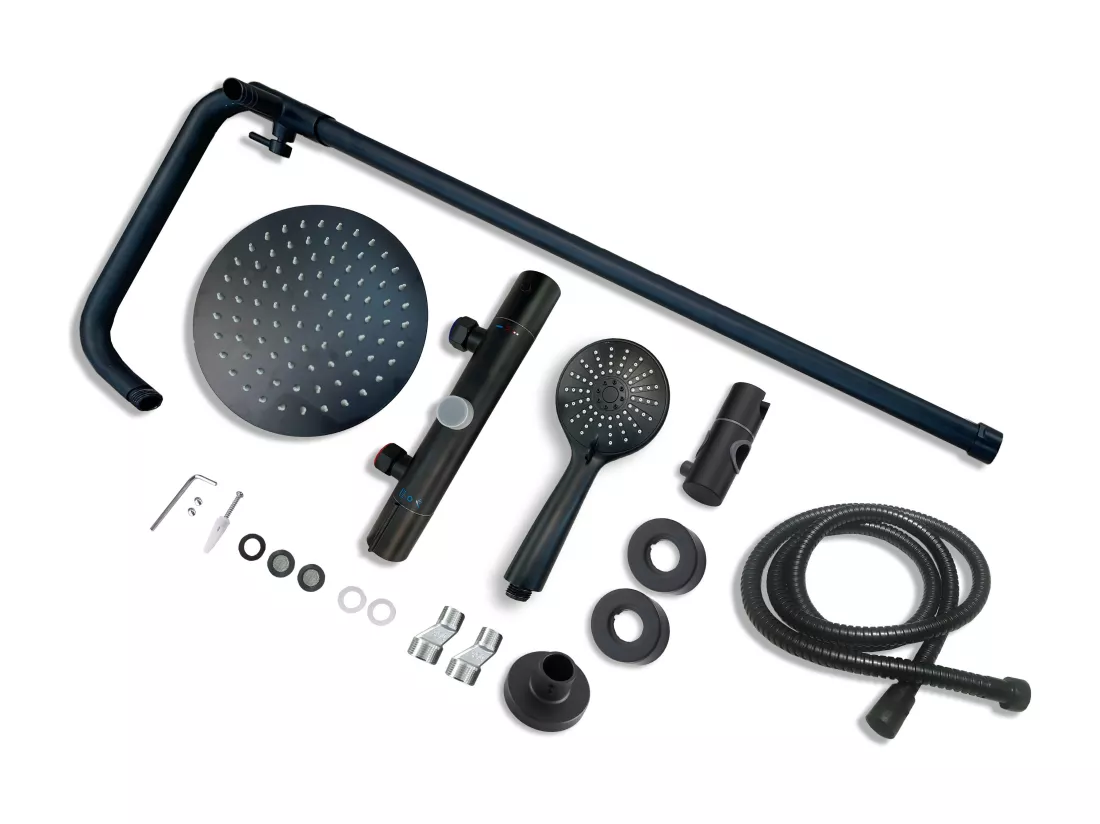 AICA Colonne de douche thermostatique noire mate, avec douche de tête ronde et douchette à main réglable en plusieurs modes