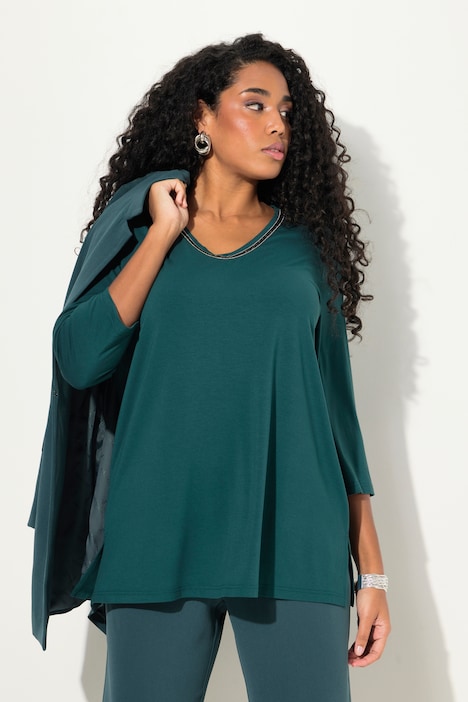 Shirt, Ziersteine, A-Linie, V-Ausschnitt, Langarm